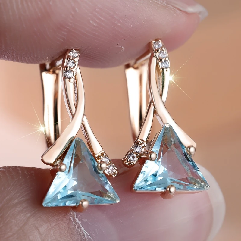Cute Aqua Blue Crystal Triangle Stone Hoop Earrings for Women Vintage Gold Color Ear Buckle Wedding Jewelry Valentine's Day Gift