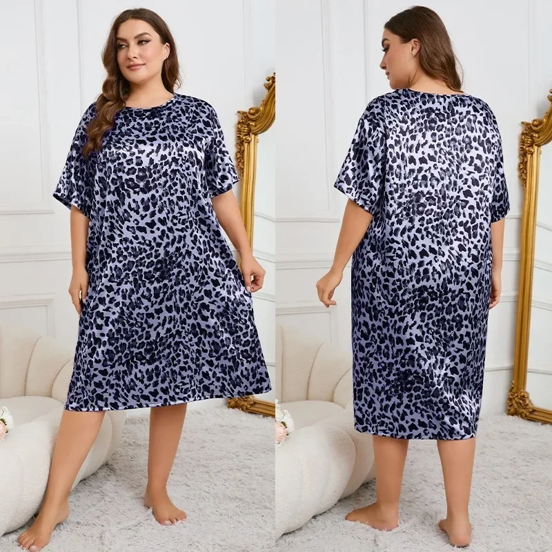 Women's Pajamas Leopard Print Pajamas Round Neck Loose Casual Medium Length Can Wear A Large Size Nightdress  Sexy Lingerie Set
