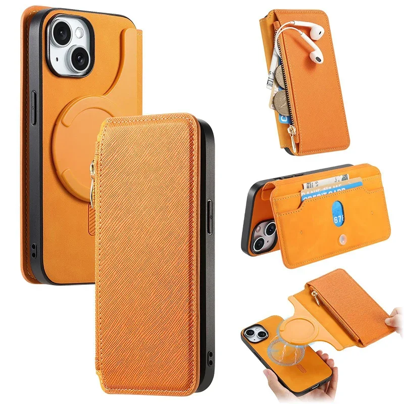 

Чехол для Magsafe Strong Magnetic 2 в 1, откидная крышка-бумажник для карт для iPhone 17, 16, 15, 14, 13, 12 Pro Max Plus, кожаный чехол Saffiano