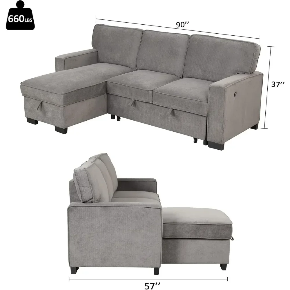 Convertible Sleeper Sofa 3 in 1,  Pull Out Sectional Futon Sofa Bed with Storage Space, USB Ports and Cup Holders