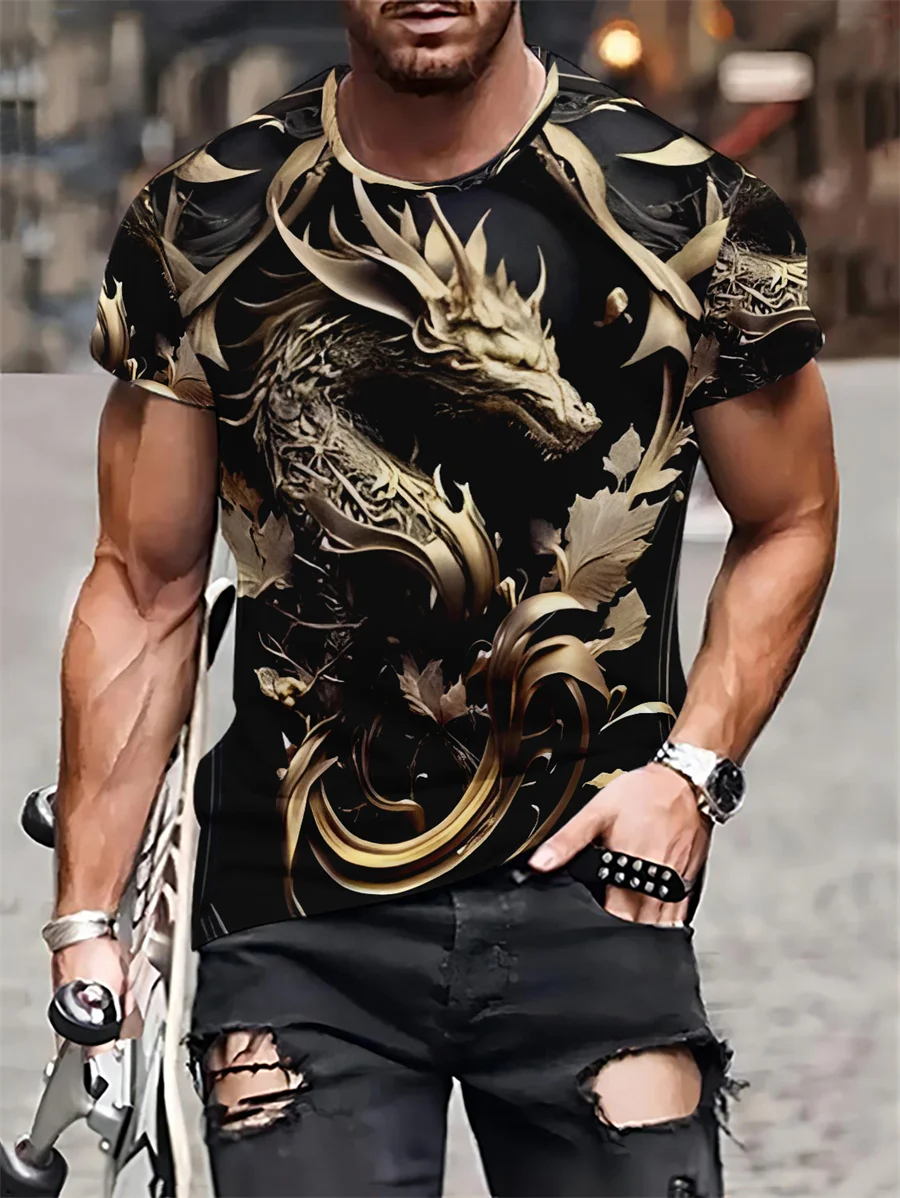 Men's T-shirt Dragon 3D Digital Printing O-Neck Short Sleeve Summer Tshirt Fashion Plus Size Loose Casual Knitted Tees Sport Top