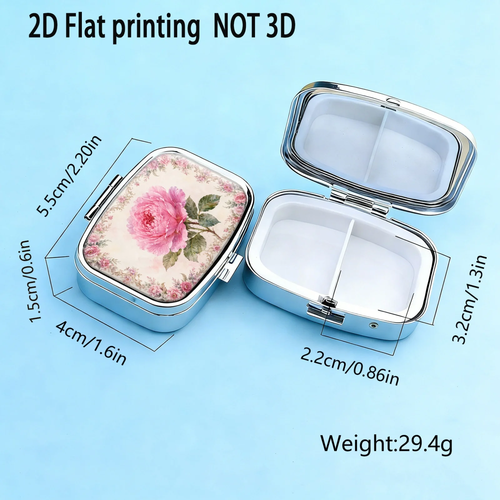 Vintage Lace Border with Floral Patterns of Pink Peonies and Roses, Small Square Pill Organizer with Two Compartments, Portable Medicine Storage, Can Also Be Used as a Home Portable Organizer, Decorative Box, Perfect for Handbags, Wallets, and Travel, Metal Storage Box, Small Jewelry Organizer, Ideal for Holiday Gifts, Souvenirs, Prizes, and Small Gifts view 5