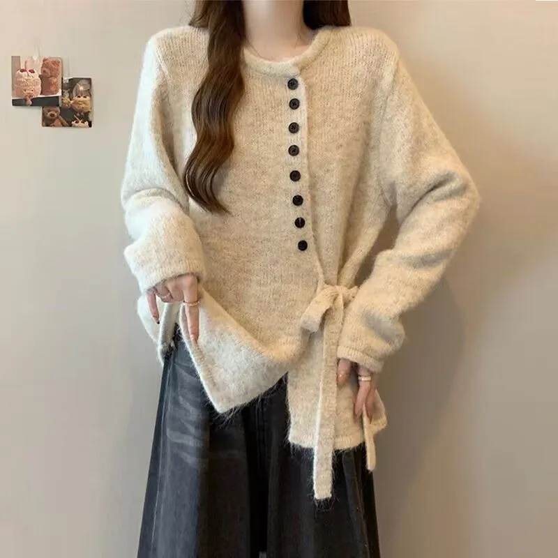 

Design Lace-up Knitted Autumn and Winter Temperament New Slim Loose Sweater Long Sleeve Irregular Jacket Top
