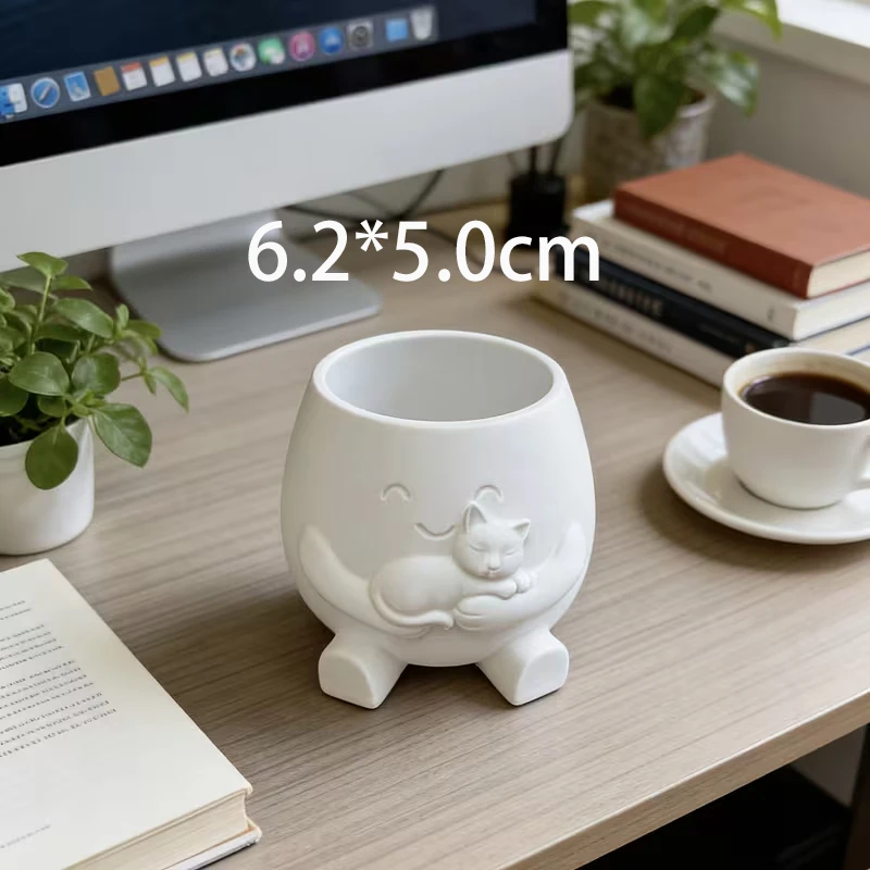 3D Printed Matte White Embrace Sleeping Cat Succulent Planter Cute  Flower Pot Cartoon Kitten Relief Sculpture Mini Plant Holder