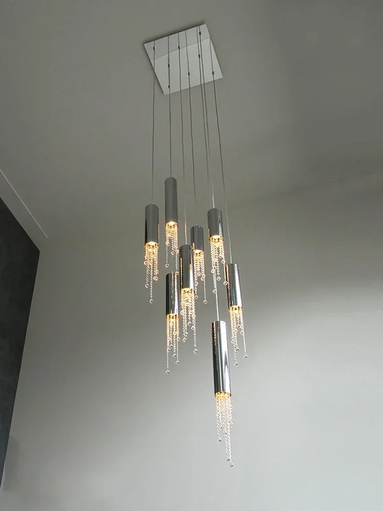 

Хромированная современная хрустальная светодиодная люстра для столовой, длинная лестница в стиле лофт, большой зал, вестибюль, кухня, остров, внутреннее освещение