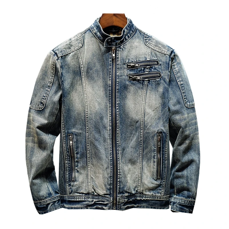 

2024 New Autumn Nostalgic Motorcycle Denim Clothing Men's High-End Vintage Zipper Fashion Slim Stand Collar Handsome Jacket