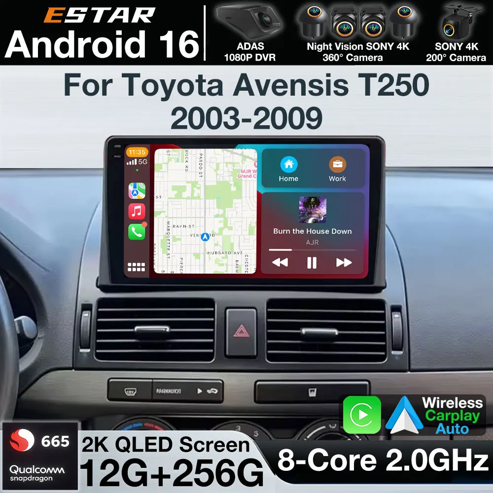 Android 16 Autoradio For Toyota Avensis T250 2003-2009 Head Unit Wireless CarPlay Auto GPS Navigation Pantalla 360 Camera QLED