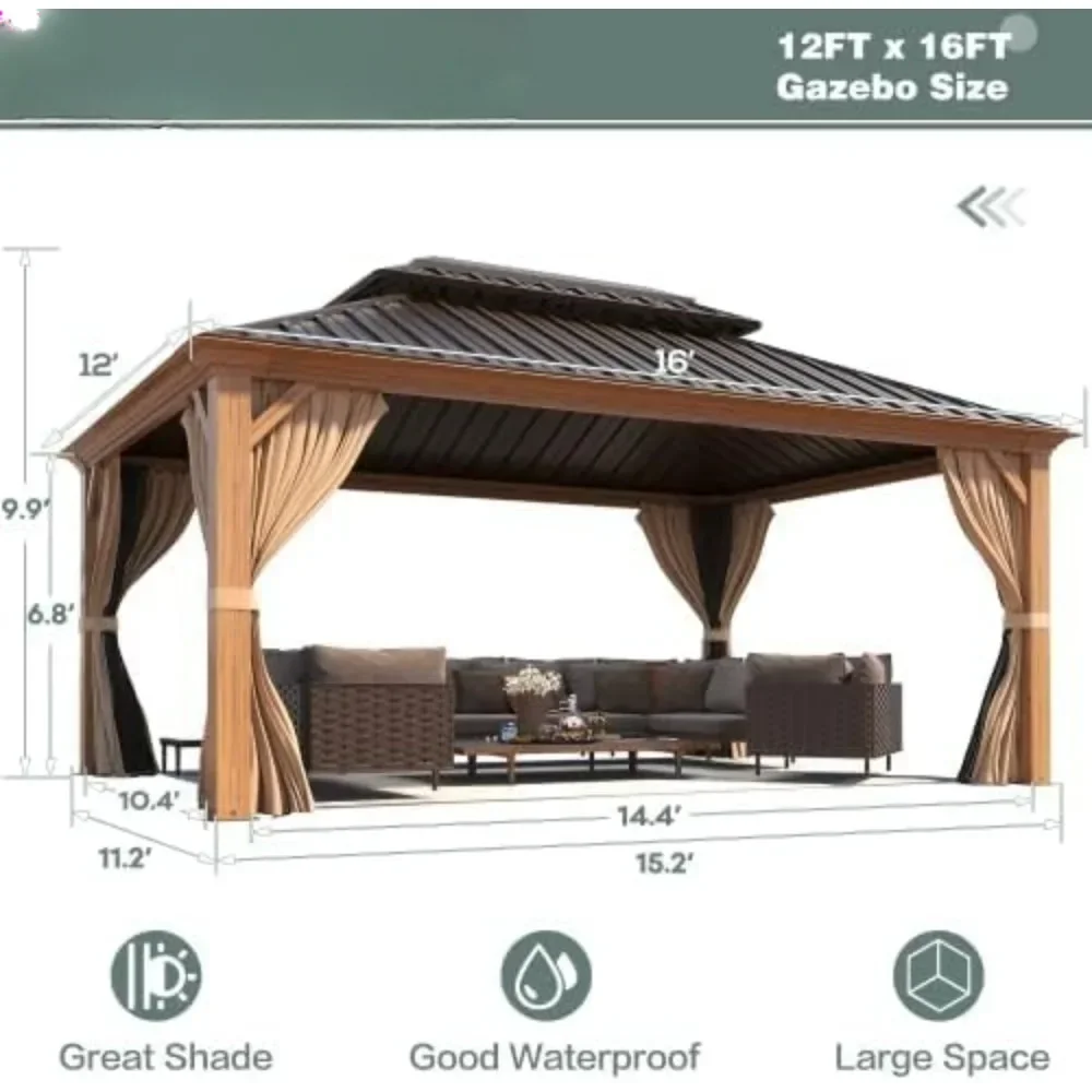 Outdoors Tents, 12' X 16' Hardtop Gazebo, Wooden Finish Coated Aluminum Frame Gazebo,Outdoors Gardens Tent