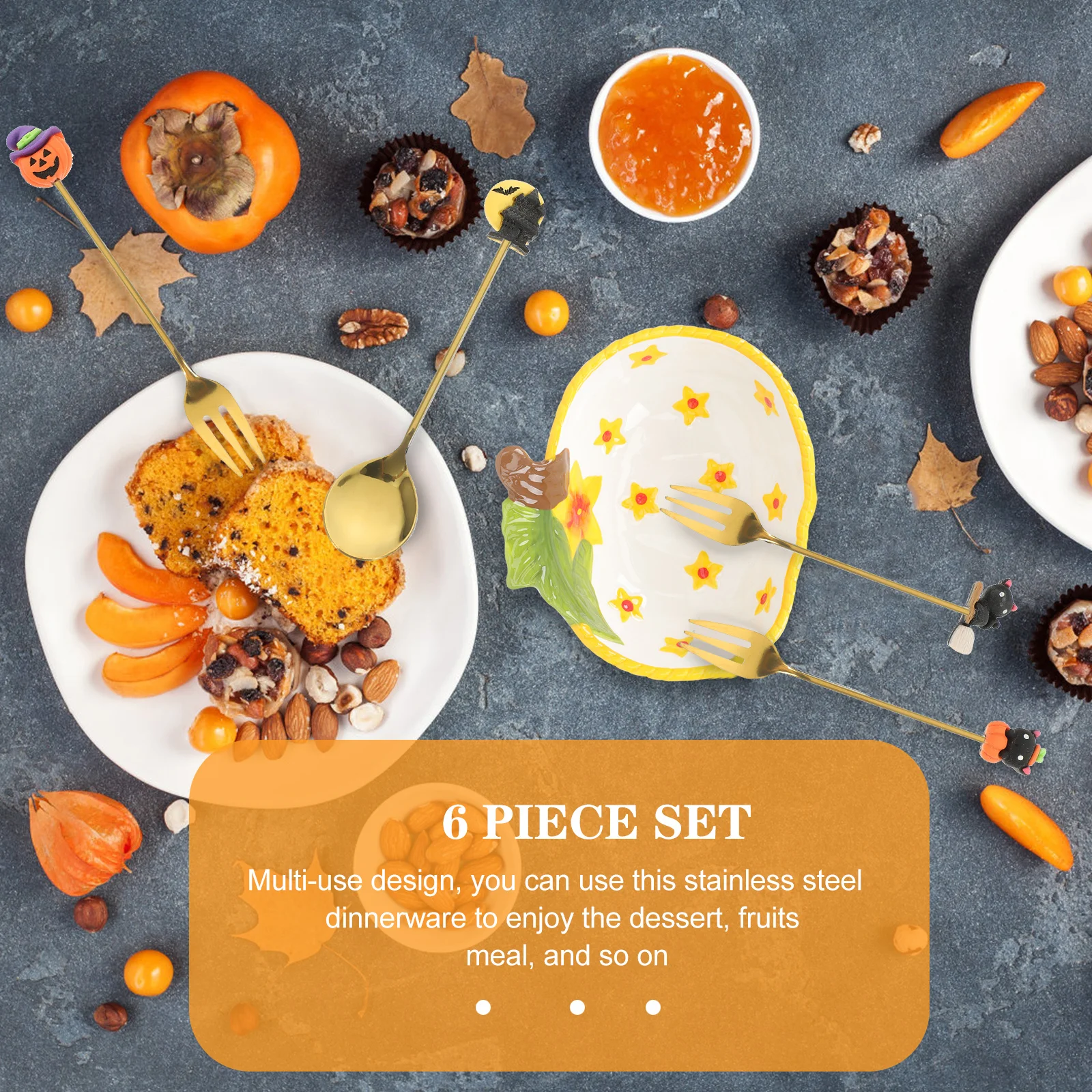 

Stainless Steel Halloween Spoon Fork Set Cute Lovely Tableware Safe Round Edges Easy to Wash for Meal Fruits Dessert