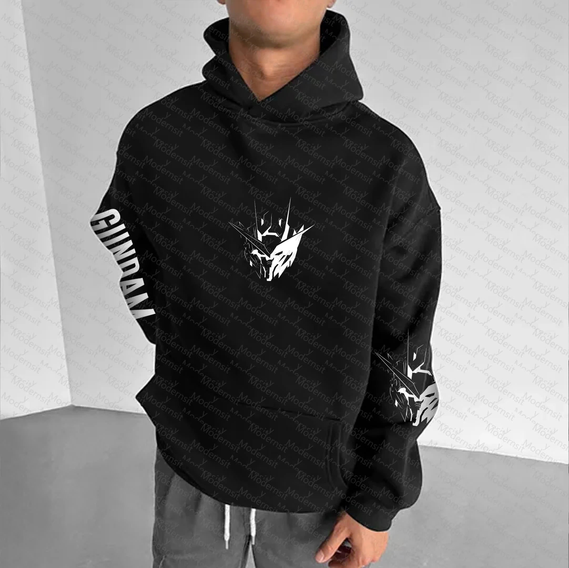 الرجال النساء GUNDAM أنيمي هوديي الأسود Mecha الجرافيك الشارع الشهير عادية فضفاضة تناسب الخريف الشتاء الجري اللياقة البدنية للجنسين