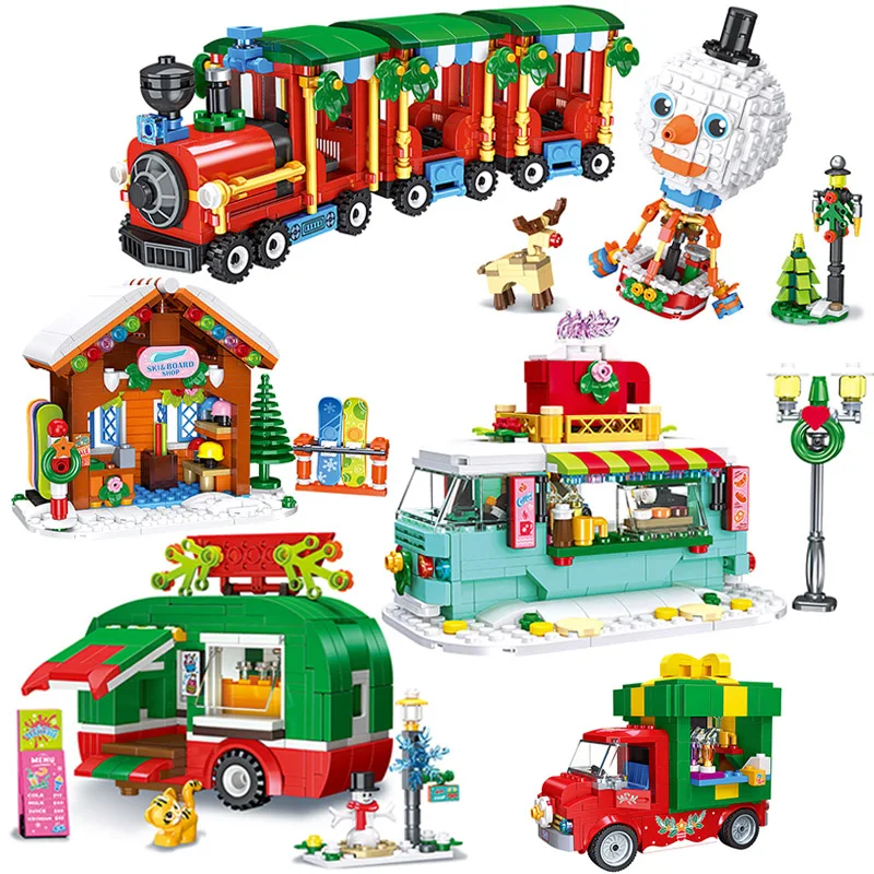 Street View Christmas Gift Cart Snowman Balloon Ice Cream Truck Toys Building Blocks Xmas Train Skateboard Shop DIY Bricks Gifts