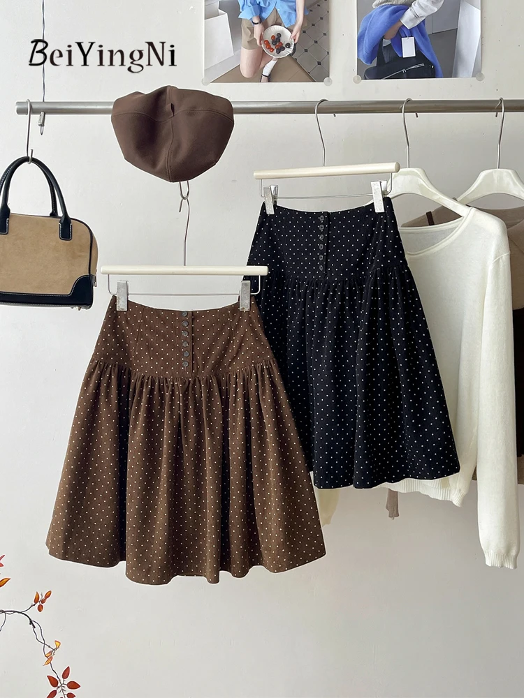 Beiyingni New Arrivals Winter Women's Skirts Polka Dot Printed Retro Style Mini Skirt Ladies Elegant Street Corduroy Tutu Skirt