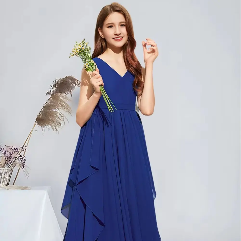 JHG A-line V-Neck Floor-Length Chiffon Junior Bridesmaid Dress With Cascading Ruffles Flower Elegant Girl Dress Wedding Party