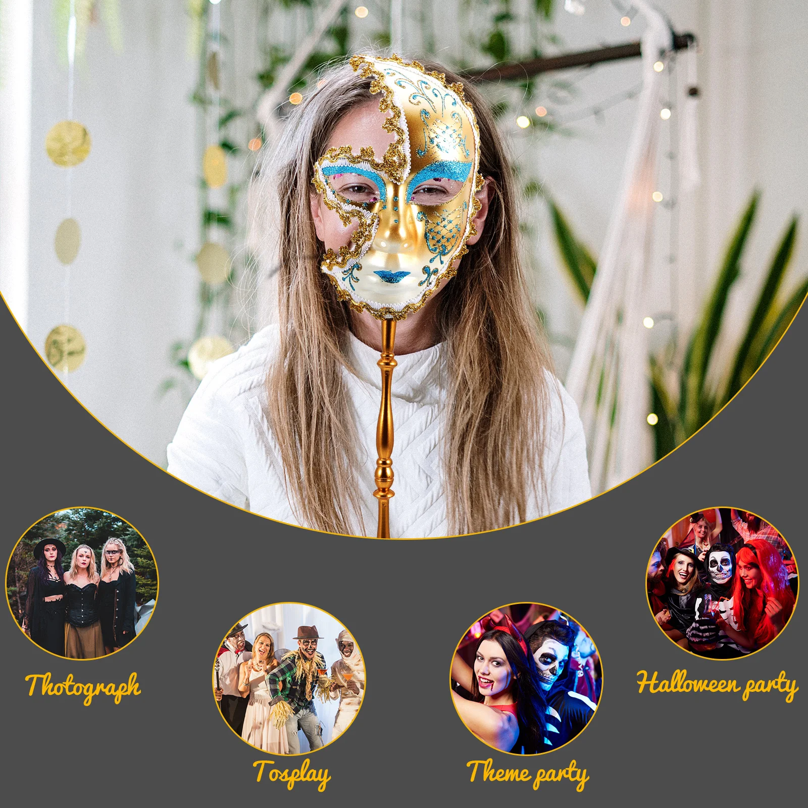 

Chic Masquerade Mask with Stick Delicate Lightweight Durable Stage Performance Festival Accessory Venetian Masquerade Mask