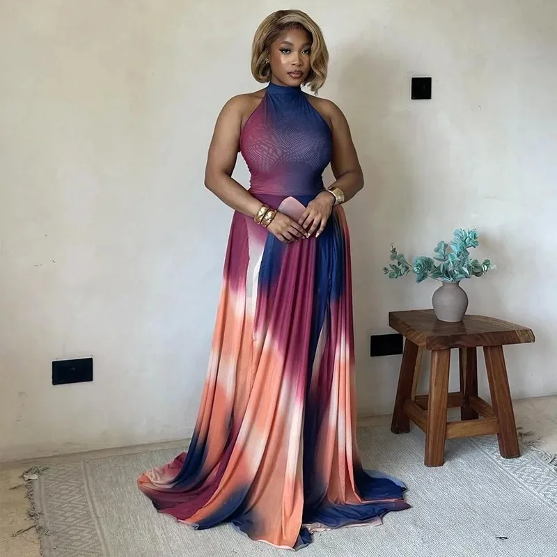 

Women's Gradient Print Halter Sleeveless Backless Pleated Waistband A-Line Long Dress, Sexy