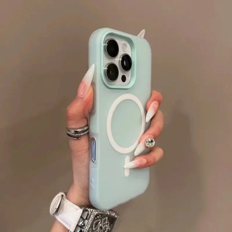 حافظة Magsafe بلون الحلوى 2 في 1 لهاتف آيفون 17 16 15 14 13 12 Pro Max Plus غطاء ناعم مغناطيسي شحن لاسلكي شفاف غير لامع