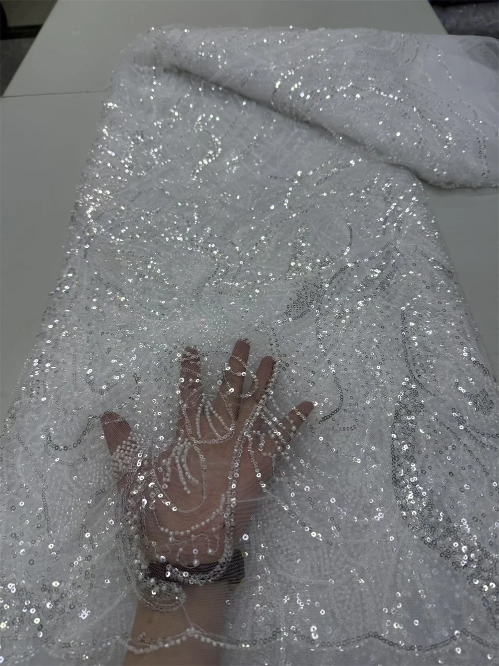 

White Lace Fabric High 5 Yards Quality 2025 Dubai Fabric Beaded Fabric Beaded Lace Fabric Luxury Wedding Dress For Woman A1191-1