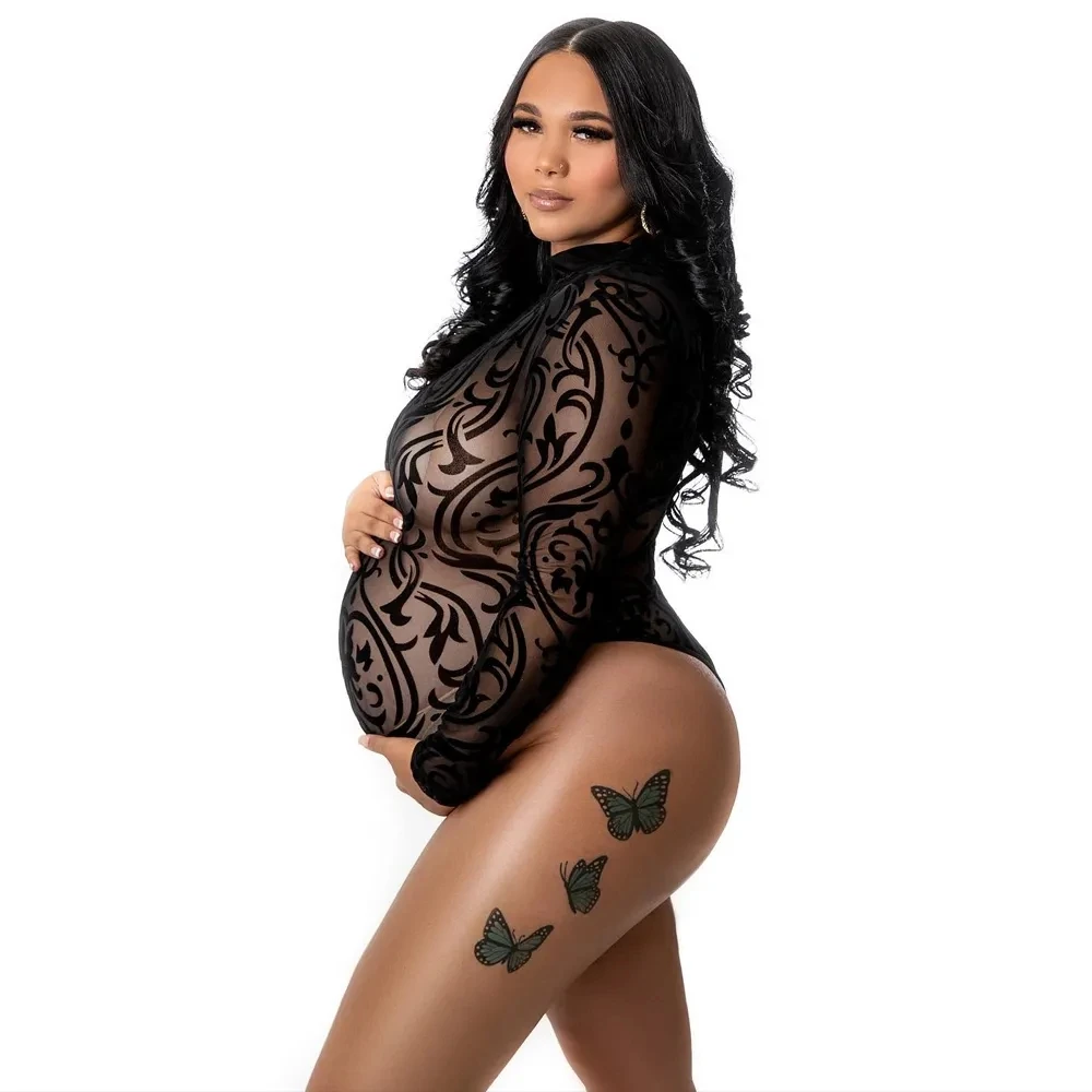 Stretchy Embroidered Mesh Maternity Bodysuits For Photoshoot Turtleneck Full Sleeve Maternity Photography Bodysuit