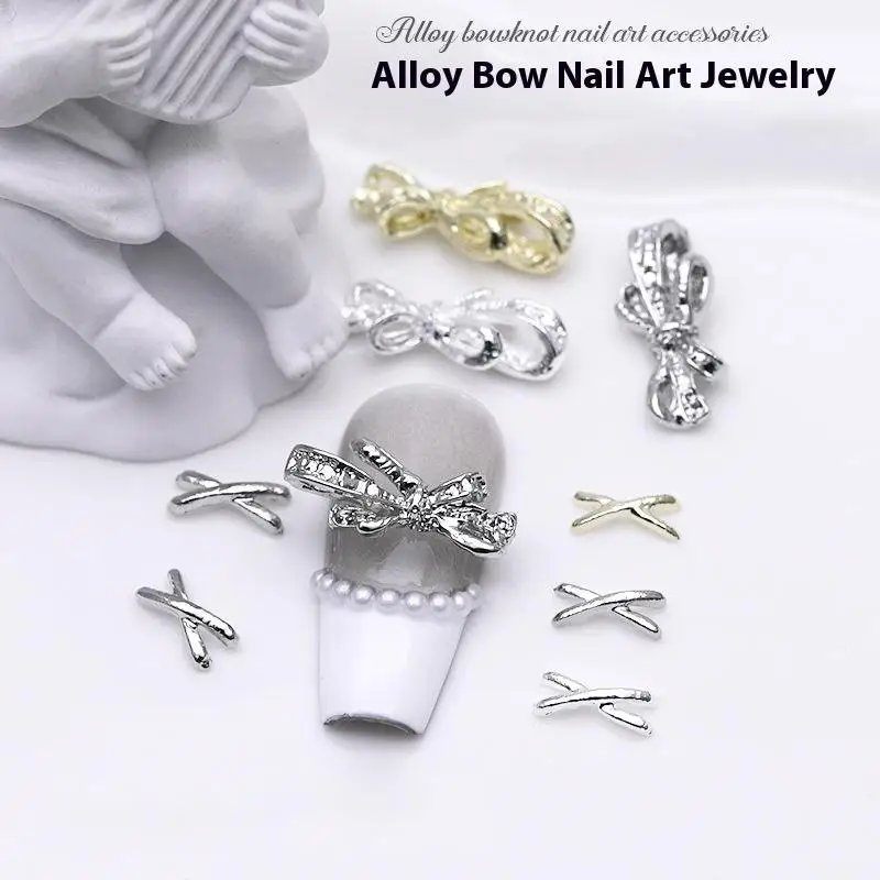 Breloques 3D en alliage pour Nail Art, 20 pièces, bijoux de luxe avec nœud Kawaii, or, argent, strass, décoration, accessoires de bricolage, pièces