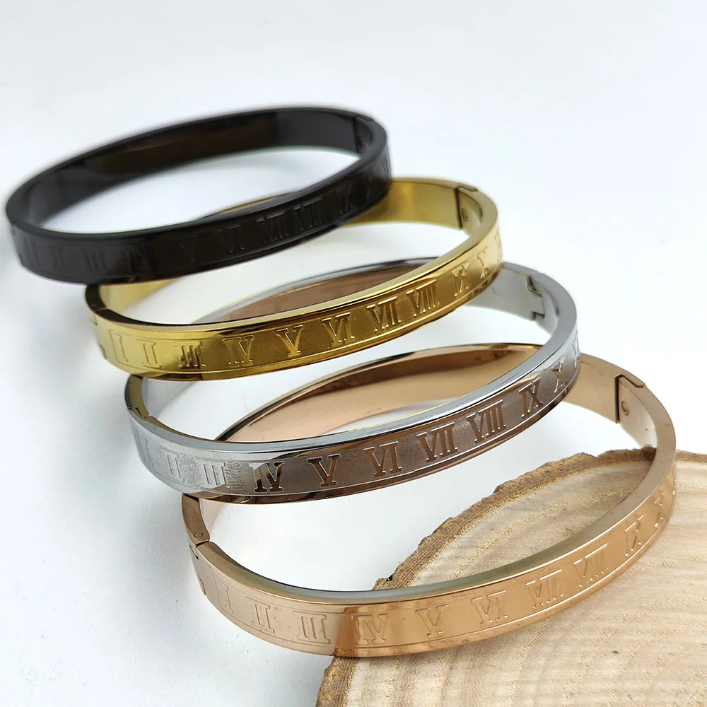 Bracelet en acier inoxydable plaqué or avec chiffres romains classiques pour femme, bracelet en argent de haute qualité, bijoux de fête de mariage