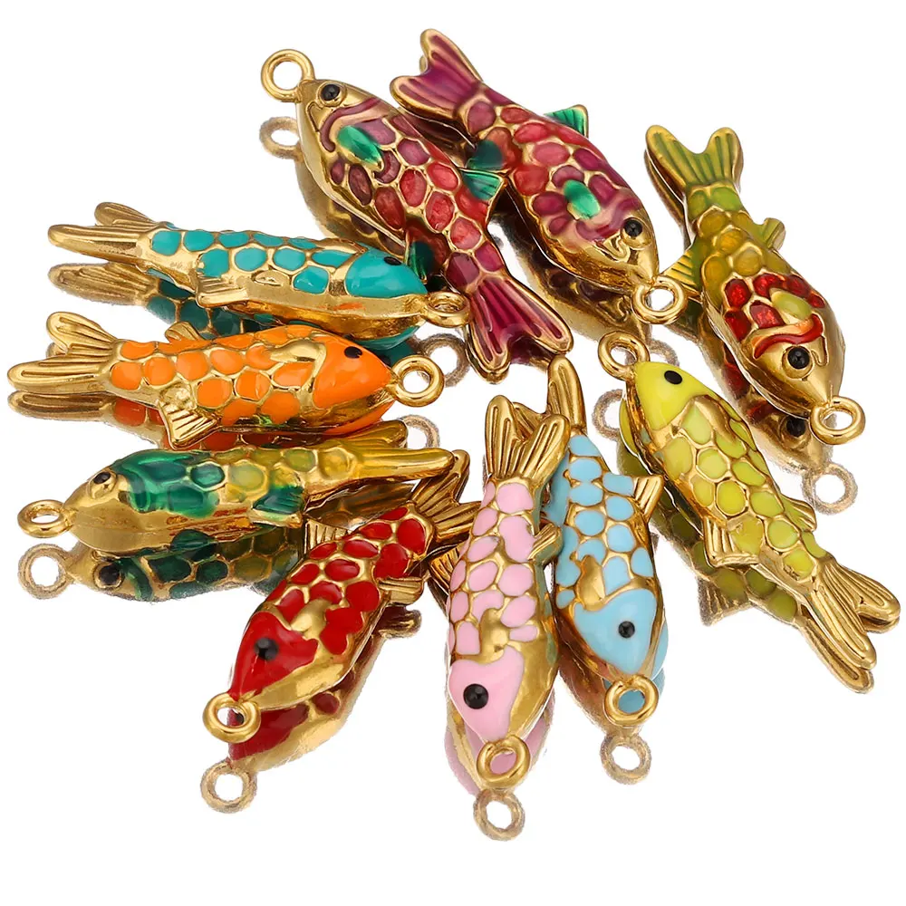 2 قطعة الفولاذ المقاوم للصدأ الملونة المينا الذهب الأسماك Charms المعلقات DIY بها بنفسك القرط مواد المجوهرات صنع قلادة لوازم الحرف