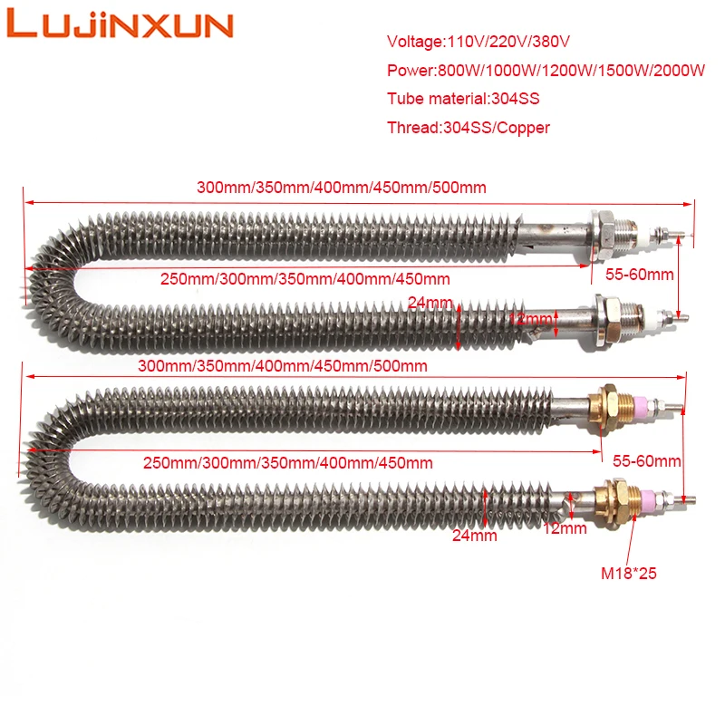 

LUJINXUN Finned Tubular Heater U Type Air Heating Element 304SS 0.8KW 1KW 1.2KW 1.5KW 2KW M18X25mm for Tunnel Oven 1PC