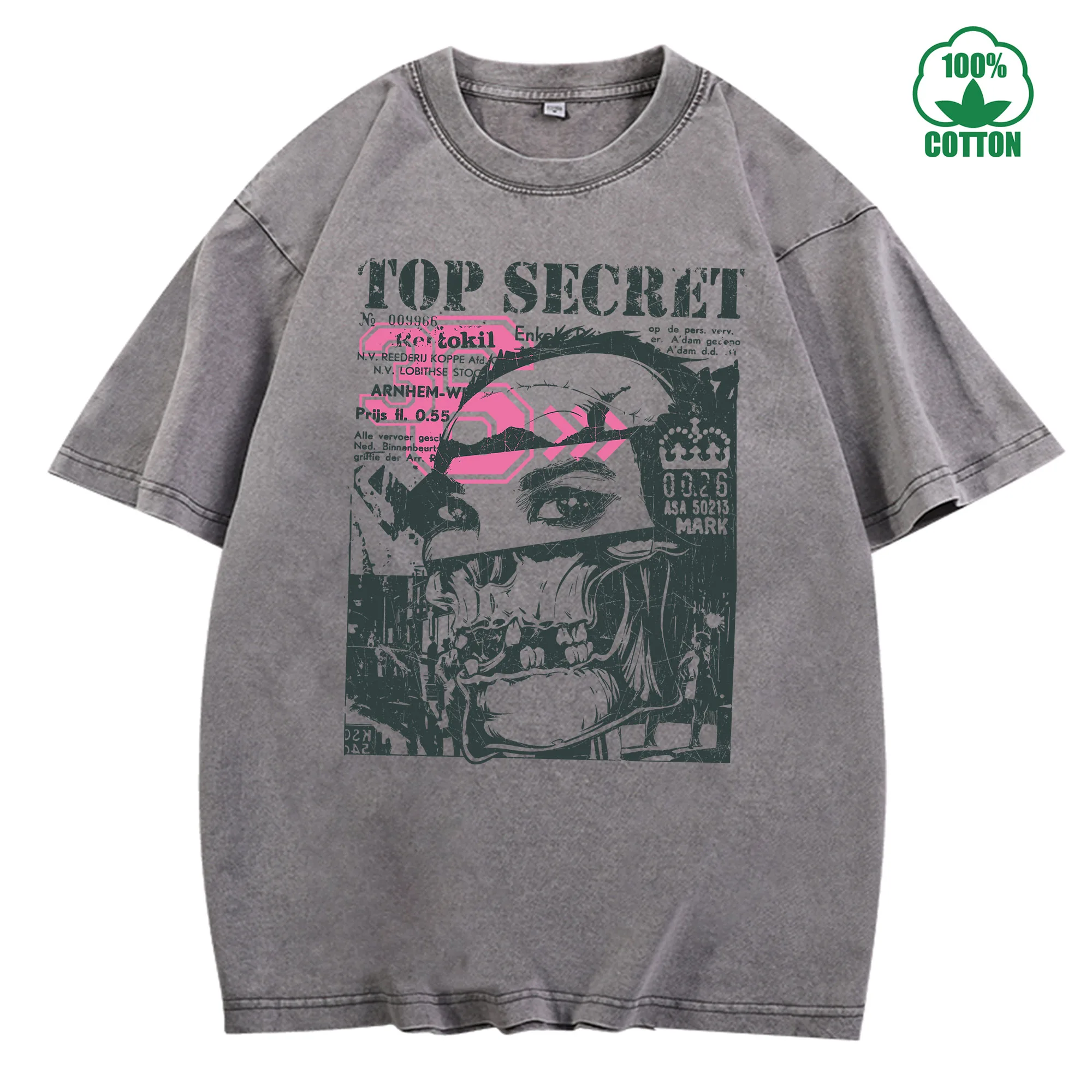 تي شيرت Top Secret Vintage مغسول 230 جرام 100% قطن مريح كبير الحجم ملابس الشارع للجنسين