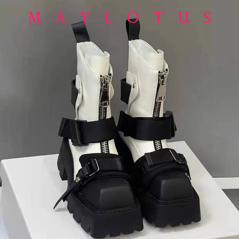 

2025 Thick-soled Female Locomotive New Square Head Combination Color Increase Ankle Boots To Increase Muffin Bottom