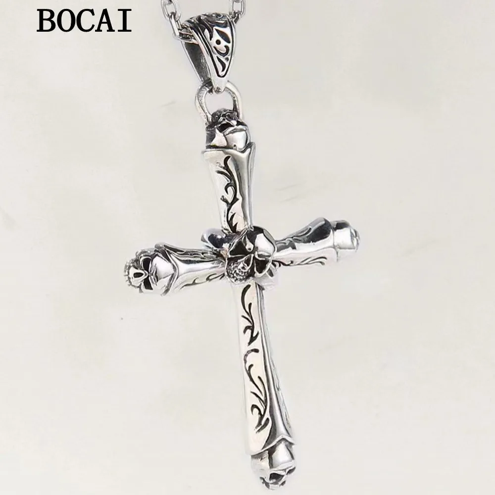 

Новый Винтажный кулон BOCAI в стиле барокко из серебра S925 пробы с темным крестом и черепом, подарок для мужчин и женщин