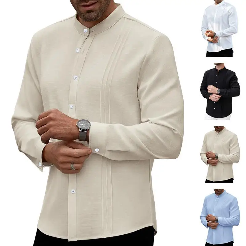 

Men's Spring New Style Long Sleeve Casual Shirt Coat Pure Color Stripe Stand Collar American Leisure Outerwear Knitted Sweater