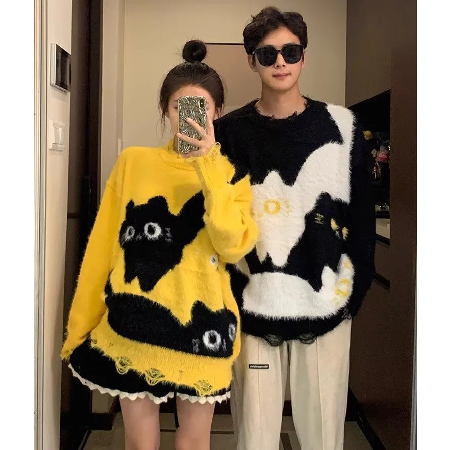 

Вязаный свитер унисекс, мягкий лохматый кот, мультяшный дизайн, осень-зима, дышащий свитер с длинными рукавами для мужчин и женщин, милый свитер