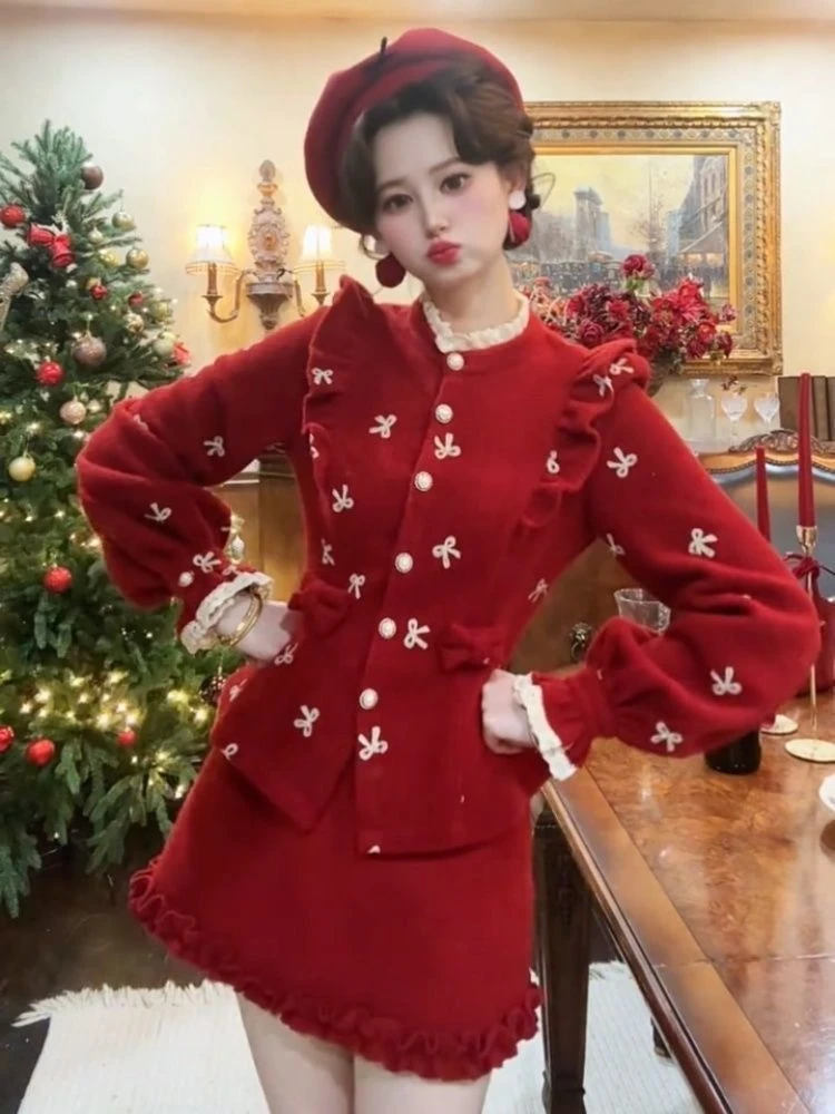 الفرنسية أنيقة الرجعية الأحمر 2 قطعة مجموعات النساء صالح شيك القوس سترة + تنورة صغيرة الشتاء خمر الحلو عيد الميلاد موضة وتتسابق 2025 #3