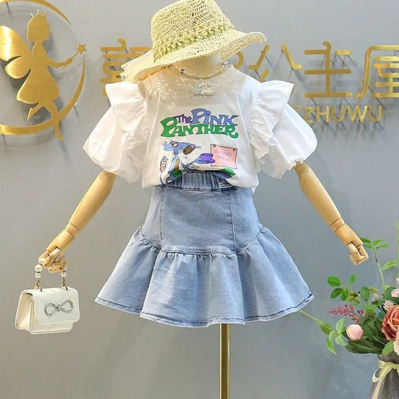 Girls Denim Skirt Set 2023 Summer New Children's Korean Version Ruffled Short Skirt T-shirt 2-piece Girls' Baby Clothes Set