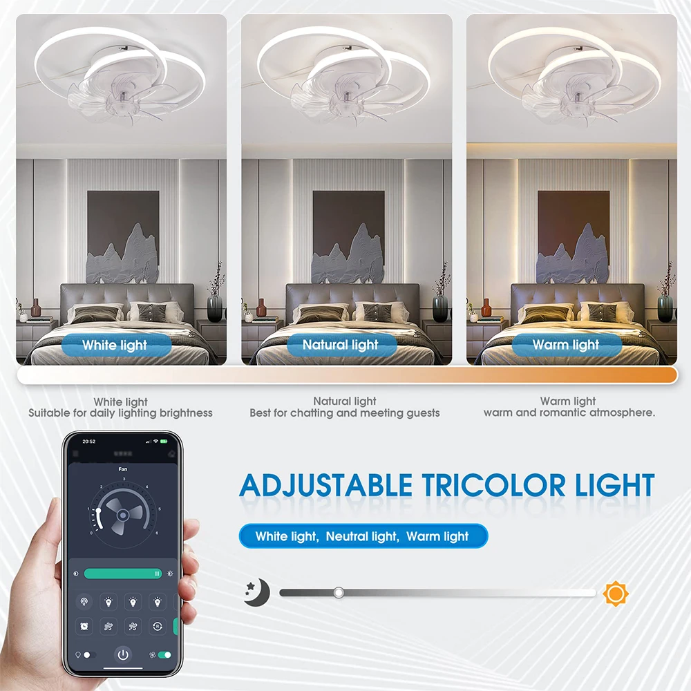 Jelena الحديثة الذكية مروحة السقف المطبخ غرفة نوم غرفة المعيشة ديكور مروحة السقف ضوء التحكم عن بعد 6 سرعات عكس الضوء LED مروحة مصباح