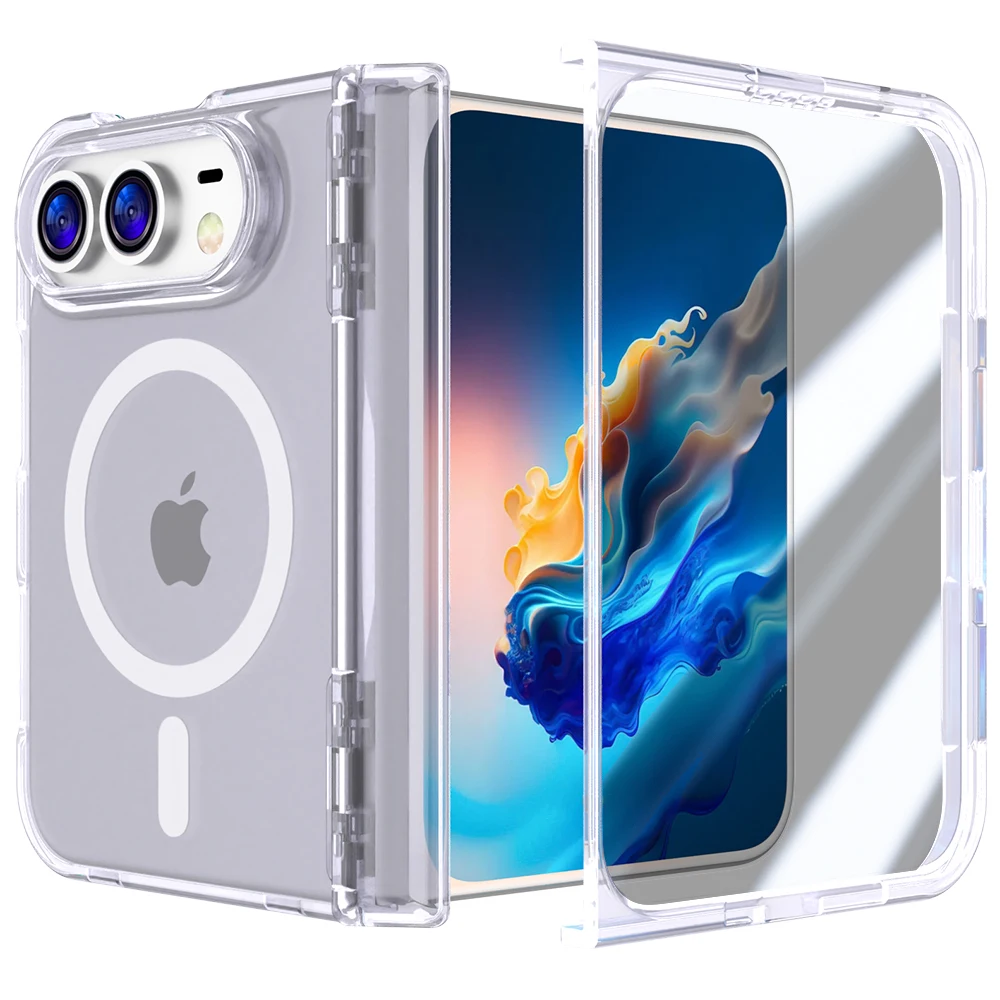 For Magsafe iPhone Duo Case Transparent Magnetic Wireless Charging Hinge With Tempered Glass Shockproof Back Cover Accessories
