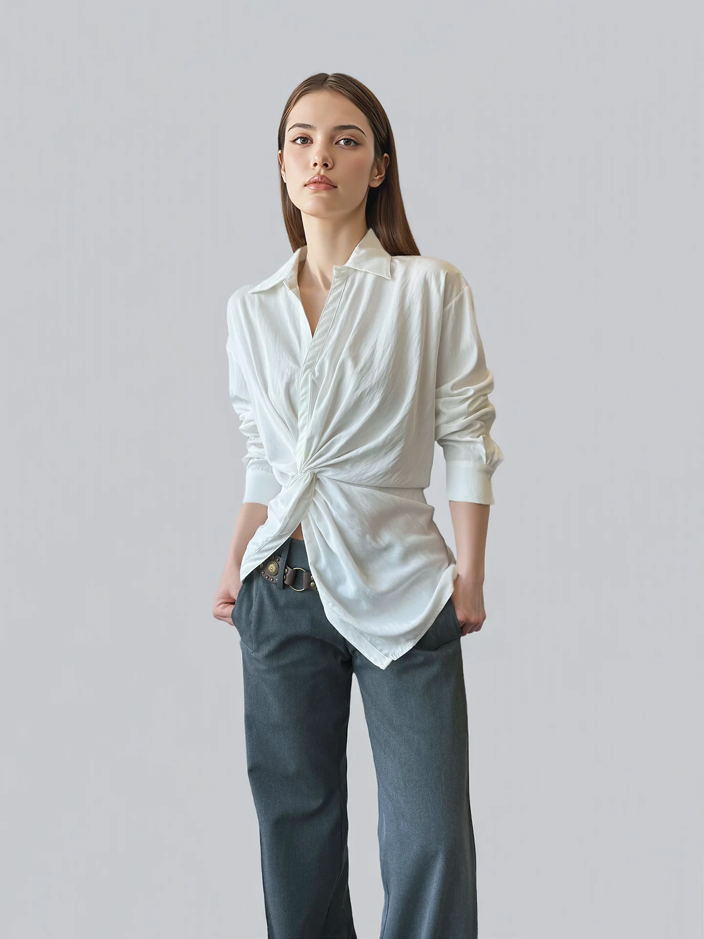 

Женская асимметричная блузка ANGJIA Spring Design с эффектом похудения, длинный топ во французском стиле, свободный крой, регулируемые манжеты, тонкая ткань.