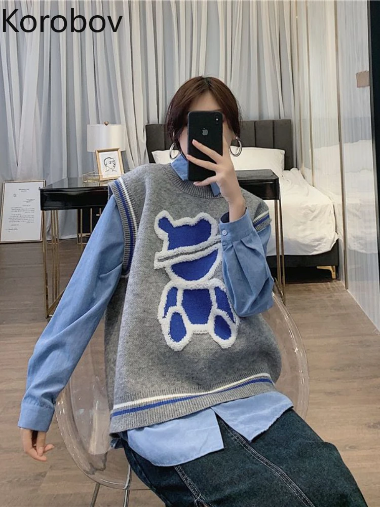 Korobov Autumn Winter Korean Knitted Vest for Women College Style Sweater Cartoon Waistcoat Contrasting Colors Chaleco Mujer