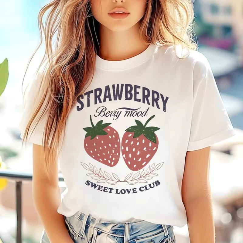 

Fashion Printed Women's Short Sleeved Round Neck T-Shirt Casual Style Top Cartoon Strawberry Pattern Travel Women's T-Shirt