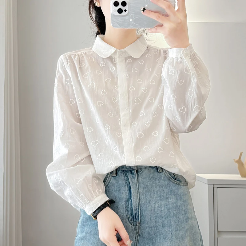 

New Spring And Autumn Heavy Industry Embroidered Cotton Tops Women Clothing Long-sleeved Casual Shirts & Blouses Blusas U113