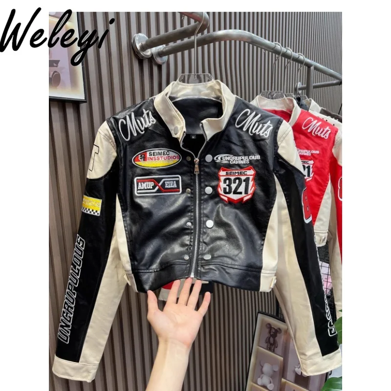 Motorcycle Cool Girl Letters Embroidered PU Leather Jacket 2025 Autumn New Women\'s Stand Collar Zipper Long Sleeve Black Coat