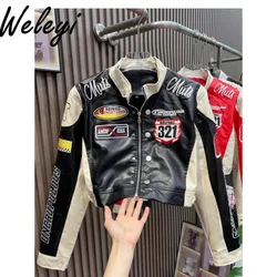 Motorcycle Cool Girl Letters Embroidered PU Leather Jacket 2025 Autumn New Women's Stand Collar Zipper Long Sleeve Black Coat