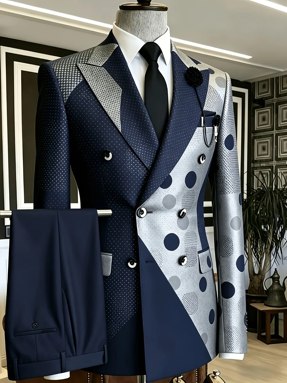 Men's Fashion Polka Dot Patchwork 2‑Piece Suit Notched Lapel Double Breasted Blazer With Pants Business Formal Wedding Party Set