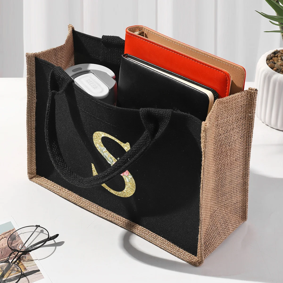 Gold Letter Black Patchwork Linen Canvas Handbag with Waterproof Interior Large Capacity Commuting Bag Organizer Bag