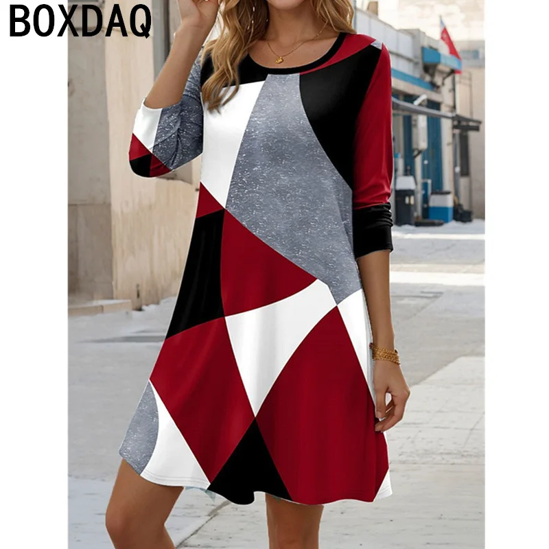 Women Autumn Winter Long Sleeve O-Neck Casual Dress 3D Colorful Geometry Splice A-line Dress Retro Elegant Lady's Dress Vestidos