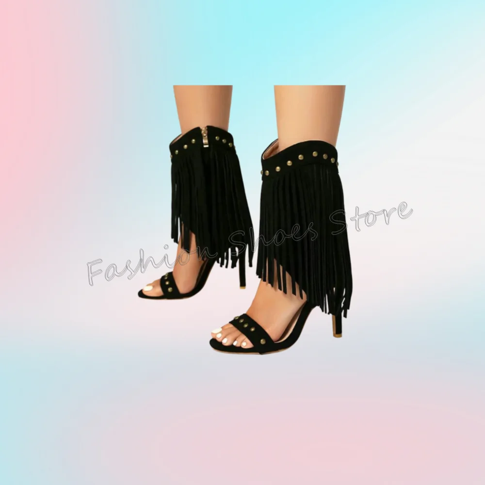 

Black Tassels Decor Side Zipper Sandals Buckle Decor Women Shoes Thin High Heels Party Banquet Dating 2025 Zapatos Para Mujere