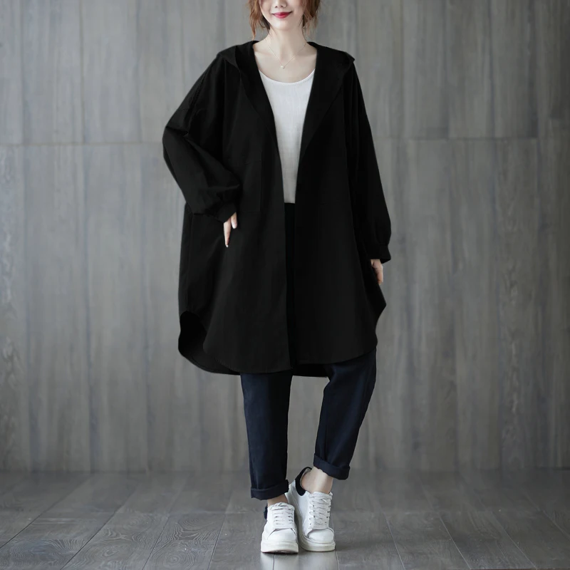 

Свободная женская верхняя одежда больших размеров с капюшоном средней длины, повседневная утягивающая универсальная верхняя одежда для женщин больших размеров, осенняя мода