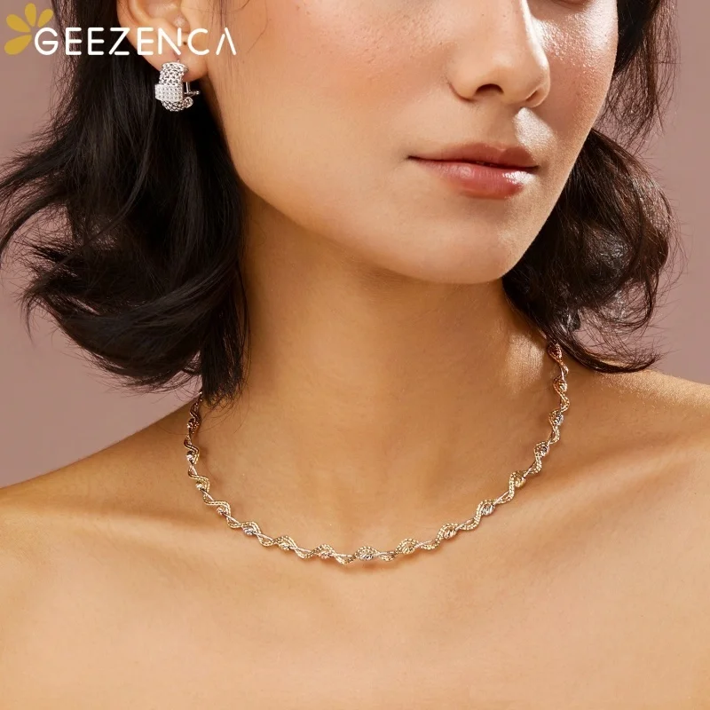 GEEZENCA Italian Jewelry 925 Sterling Silver Tri Toned Woven Chain Choker Necklace Women Shiny Trendy 5MM Layered Necklaces Gift