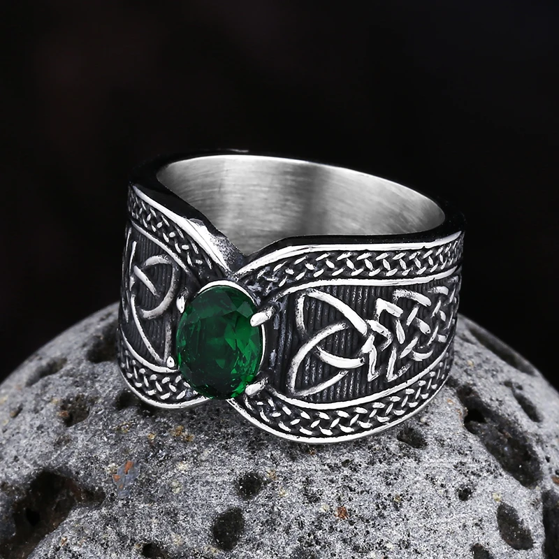 Fashion 316L Stainless Steel Nose Viking Celtic Knot Ring With Green Zircon Odin Amulet Scandinavian Jewelry For Couple Gift