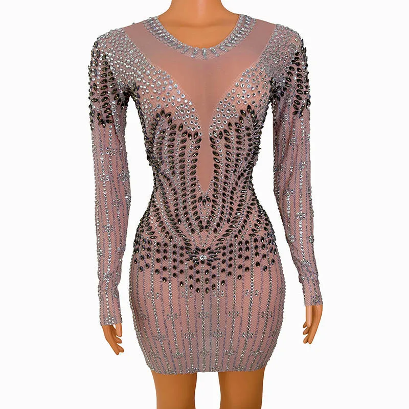 Birthday Clothing Diamond Dress Concert Party Bar Diamond Flesh Color Slim Fit Singer Model Walk Show Vestidos De Ocasião Formal
