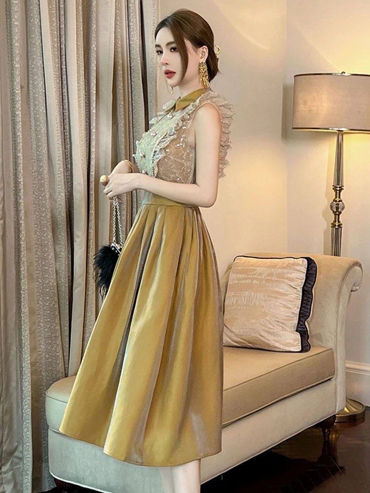 แฟชั่นฤดูร้อนใหม่ลูกไม้ Splic ชุดราตรีเสื้อผ้าผู้หญิงหวานบินแขน Slim Midi A-Line Party Prom Vestidos Fiesta Robe